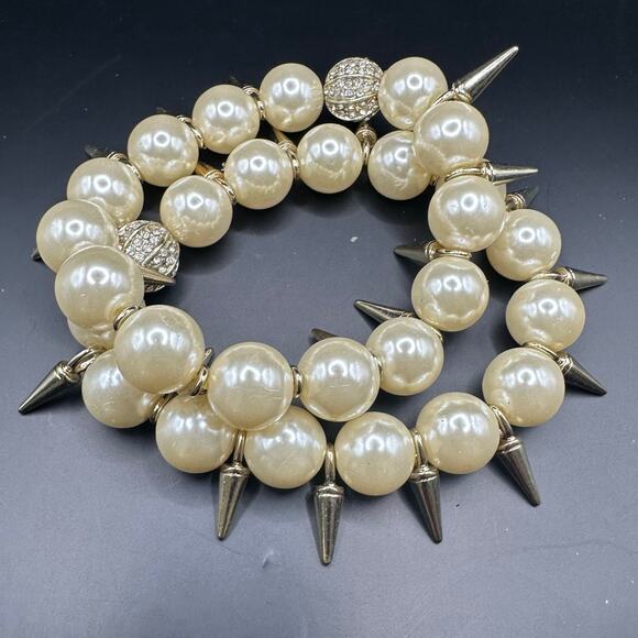 Pearl Spike Stretch Bracelet Set of 2 Lot Costume Jewelry Y2k Preppy Summer - Picture 1 of 9